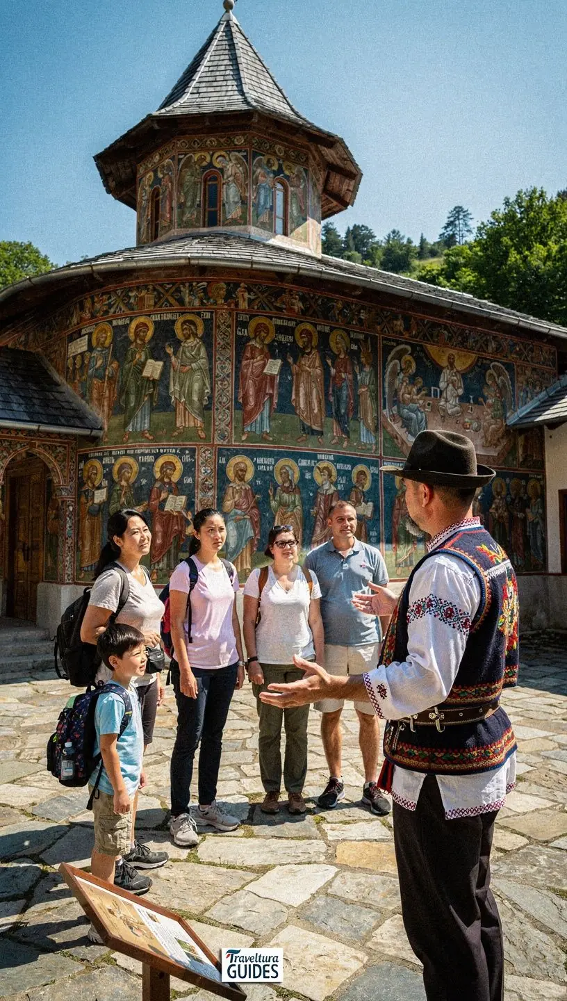 Stradă pitorescă dintr-un sat tradțional românesc, cu case colorate și flori.